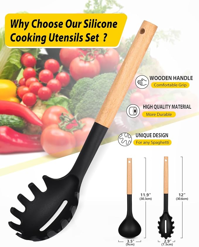 Silicone Pasta Fork and Ladle Spoon Set with Wooden Handle, Heat Resistant Non Stick Kitchen Utensils for Cooking, Stirring, Serving Spaghetti, Soup, Sauce(BLACK)