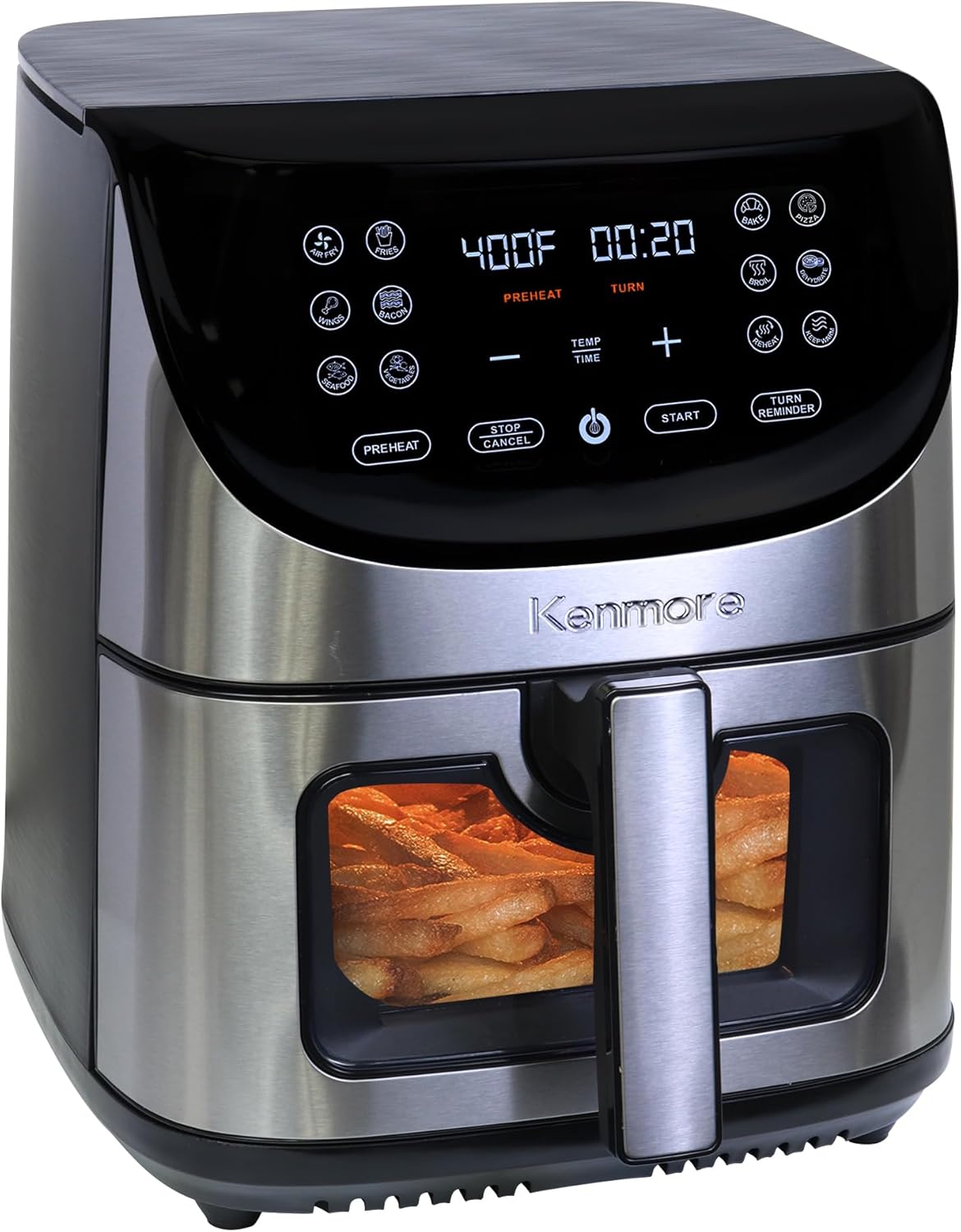 Kenmore 8 Quart Air Fryer - Aerogrill, Non-Stick Frying Basket, French Fry, Digital Touch Screen, 12 Presets, Freidora Eléctrica, Countertop Cooking Kitchen Appliance, Stainless Steel, Black