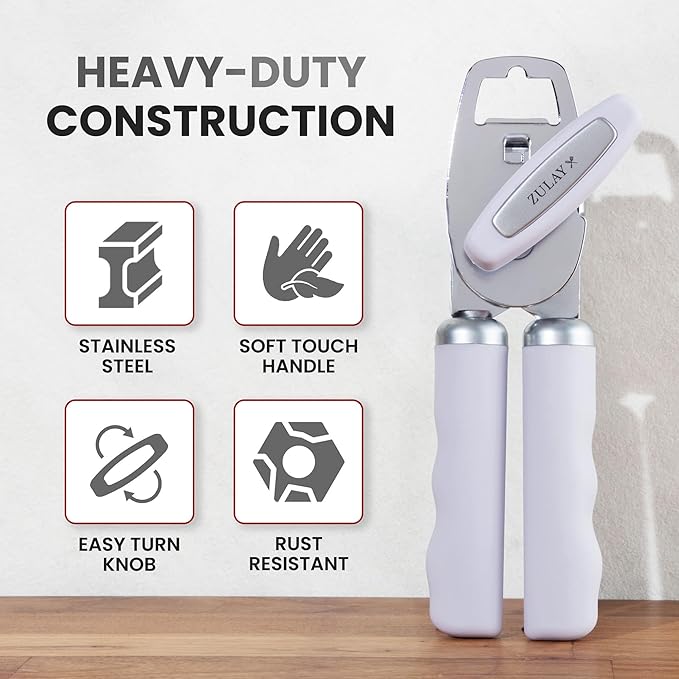 Zulay Kitchen Heavy Duty Stainless Steel Can Opener Manual with Bottle Opener - Rust Proof Manual Can Opener With Turn Knob & Comfy Soft Grip Handles - Light Lilac