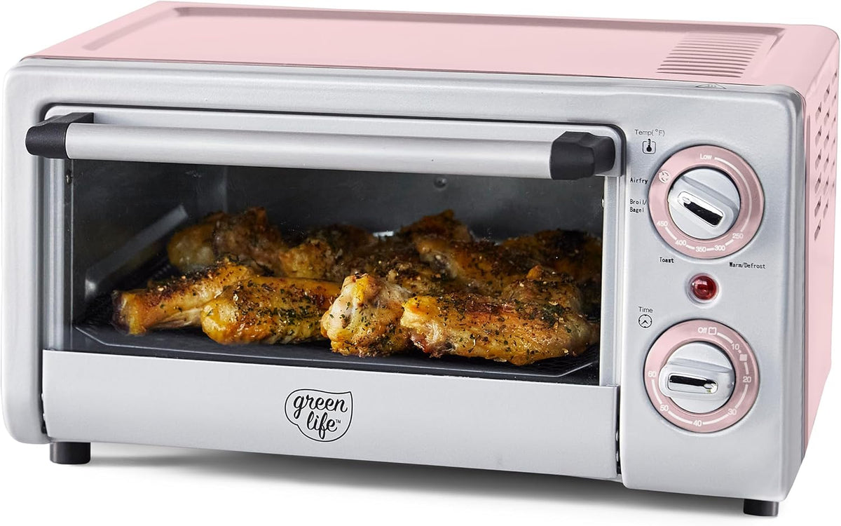 GreenLife Countertop Toaster Oven Air Fryer Stainless Steel, Healthy Ceramic Nonstick, PFAS and PFOA-Free, Tray & Basket, Bake, Broil, Reheat, Adjustable Temp & Time Control, Auto Shutoff, Pink