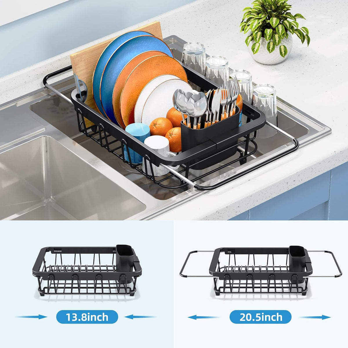 Over the Sink Dish Drying Rack,In Sink Dish Drying Racks,Expandable Dish Rack Over Sink Counter,Adjustable Dish Drainer for Inside Sink with Utensil Holder, Stainless Steel Dish Strainer Medium Size