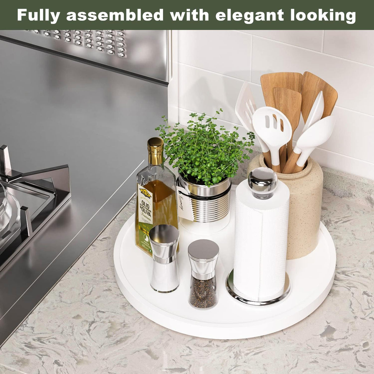 White Lazy Susan, 13.2 Inch Non-Skid Bamboo Turntable for Kitchen Table Cabinets and Closets, Wood Organizer for Kitchen Countertop