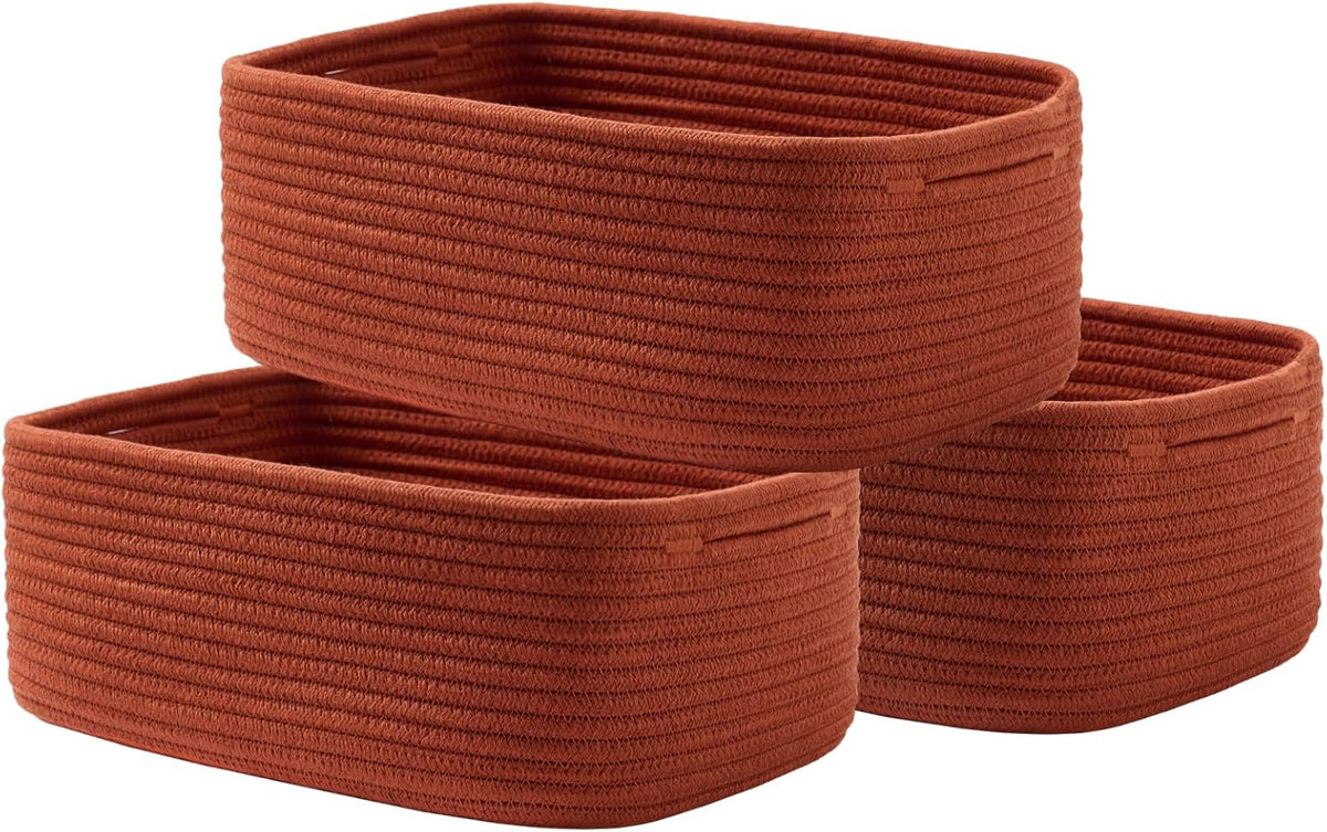 Small Woven Basket, 13.5 x 9.5 x 5 Inches, Storage Basket for Organizing, Cute Small Rope Shelf Closet Cube Storage Bins Baskets for Shelves, Dog Toy Gift Baskets Empty, 3 Pack Rust Red