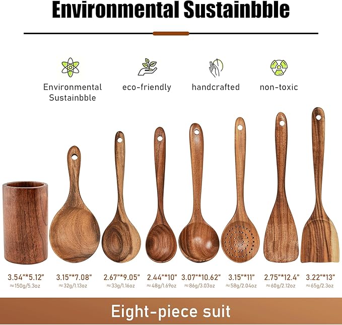 FJNATINH Wooden Spoons for Cooking, 8 Pcs Nonstick Wooden Cooking Utensils Set,Nonstick Natural and Healthy Kitchen Utensil（8 Pcs）