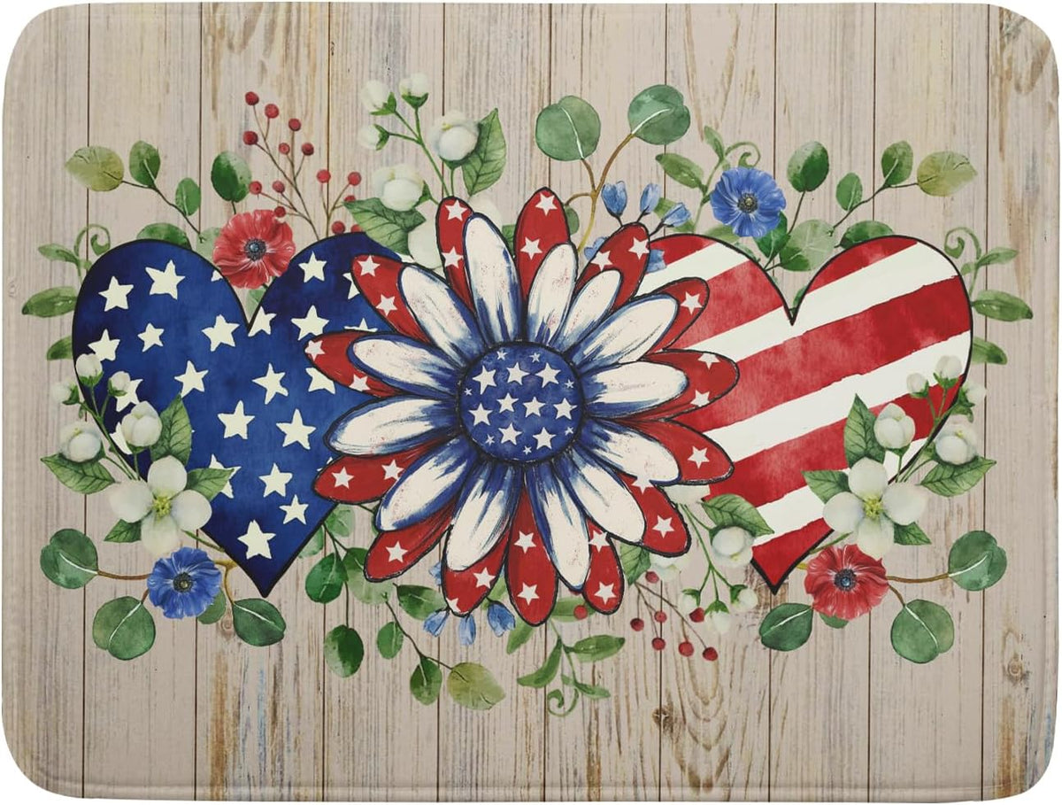 Independence Day Dish Drying Mat 18x24 inch Patriotic Love Heart Fast Dry Microfiber Dishes Drainer Rack Pad Kitchen Counter Accessories