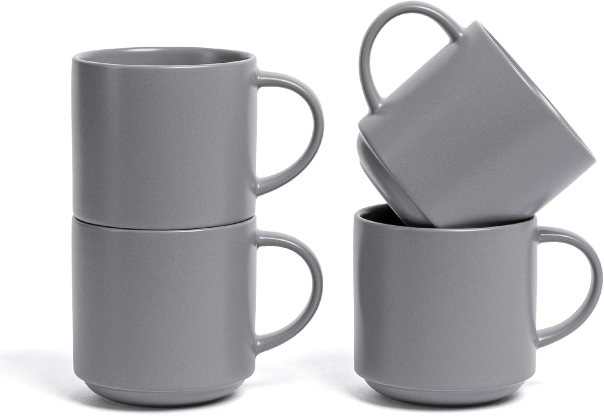 over&back Stackable Stoneware Coffee Mugs - 4-Piece Mug Set - Enjoy the Perfect Cup of Coffee, Tea, Latte, and More - Semi-Matte Charcoal - 14oz