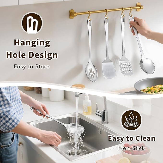 4 Pcs Cooking Utensils Set, Stainless Steel Kitchen Utensils, Heat Resistant Metal Kitchen Tools Include Solid & Slotted Turner Wok Spatula, Serving Spoon, Ergonomic Handle, Easy to Clean, Silver
