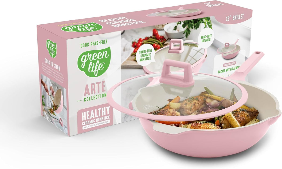 GreenLife Nonstick 12” (5QT) All in One Deep Skillet Wok with Lid, PFAS-Free Non-Toxic Ceramic Multi-Purpose Pan, Induction, All Stovetop, Egg, Stir Fry, Saute, Stay Cool Handle, Pink