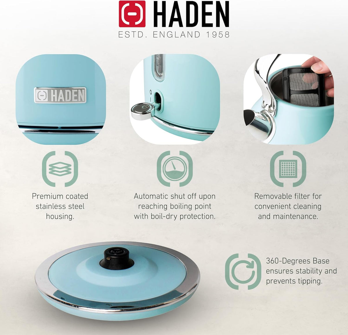 Haden Heritage 1.7 Liter Stainless Steel Electric Kettle, Hot Water Kettle with 360-Degree Base and Auto Shutoff, Turquoise & Chrome