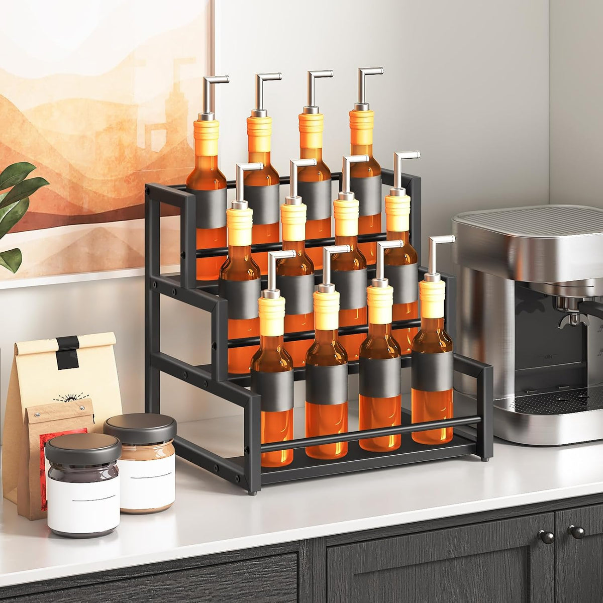 HOOBRO Coffee Syrup Rack Organizer, 3-Tier 12-Bottle Syrup Holder Stand for Coffee Bar, Wine Rack Countertop Storage Rack for Syrup, Wine, for Kitchen Coffee Station, Black BB38JJ01
