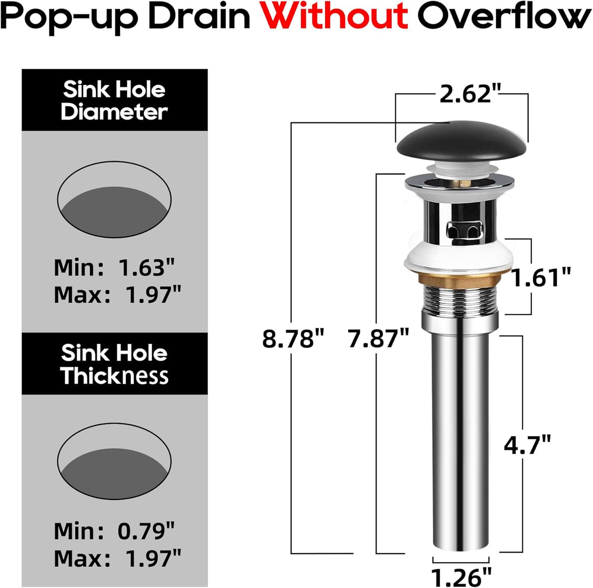 Bathroom Sink Drain with Overflow, Ceramic Cap Pop Up Drain Stopper, Rustproof Brass and 304 Stainless Steel, Black