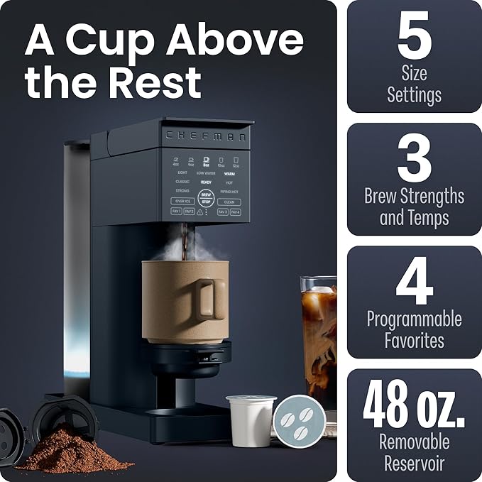 Chefman Caffeinator Single Serve Coffee Maker, Brew Kcups & Grounds, Drip Coffee Machine with Brew Strength Settings, Iced Coffee Function, 48 oz. Removable Water Reservoir