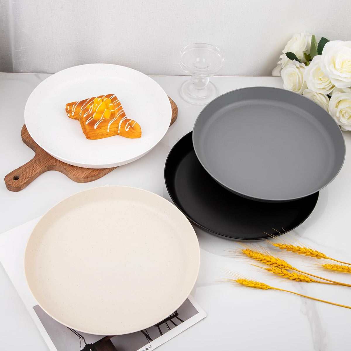 EI 16pcs Wheat Straw Dinner Plates Set,Unbreakable Plastic Plates,Reusable Lightwight Plastic Plate,Party Plate for Halloween,Family Dinners, Picnics, School-Black,White,Dark Grey,Beige
