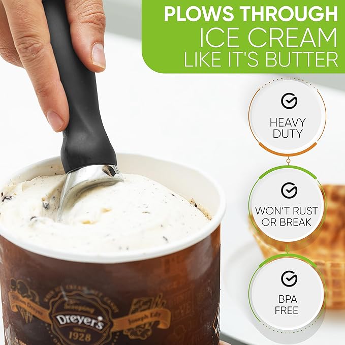 Spring Chef Gray Heavy Duty Ice Cream Scoop with Comfortable Soft Grip Handle, Dishwasher Safe Ice Cream Scooper, Professional Metal Kitchen Tool for Frozen Yogurt, Gelato, Sorbet, Sundae, Melon