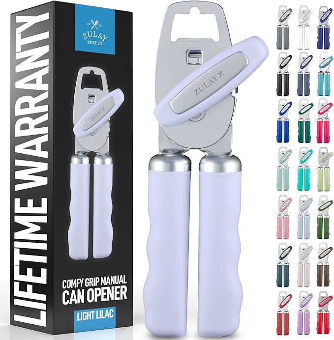 Zulay Kitchen Heavy Duty Stainless Steel Can Opener Manual with Bottle Opener - Rust Proof Manual Can Opener With Turn Knob & Comfy Soft Grip Handles - Light Lilac
