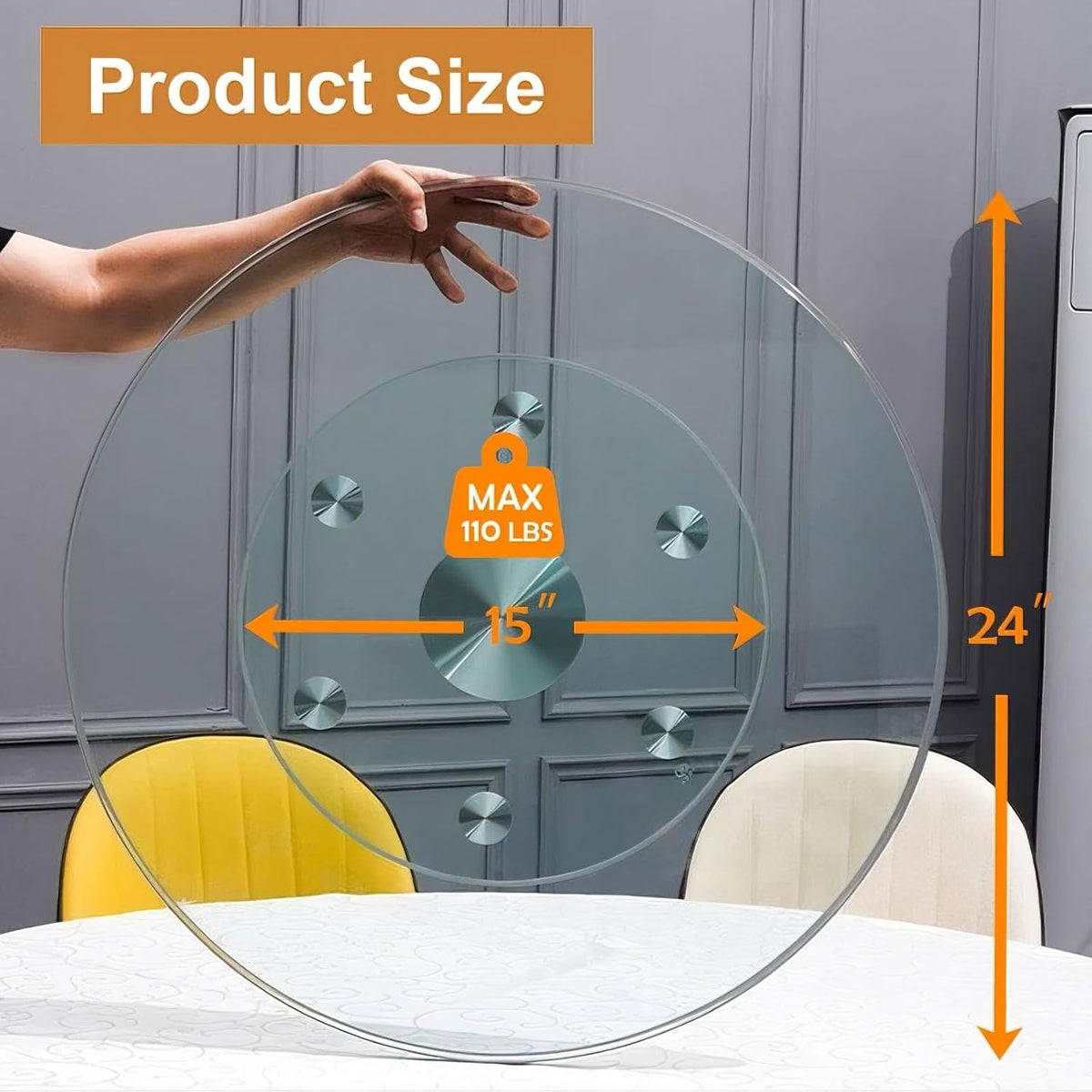 24" Tempered Glass Lazy Susan Turntable, 360° Silent-Spin Round Clear Tabletop Rotating Tray, Centerpiece for Dining Tables, Smooth Rotation, for Banquets, Weddings & Family Gatherings