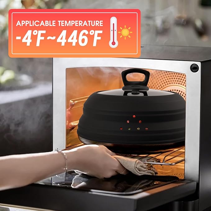 Microwave Splatter Cover Collapsible Silicone & Tempered Glass 10.8 Inch Microwave Cover for Food Splatter Guard with Steam Vents Dishwasher Safe Fits Bowls, Plates & Pots (Black)