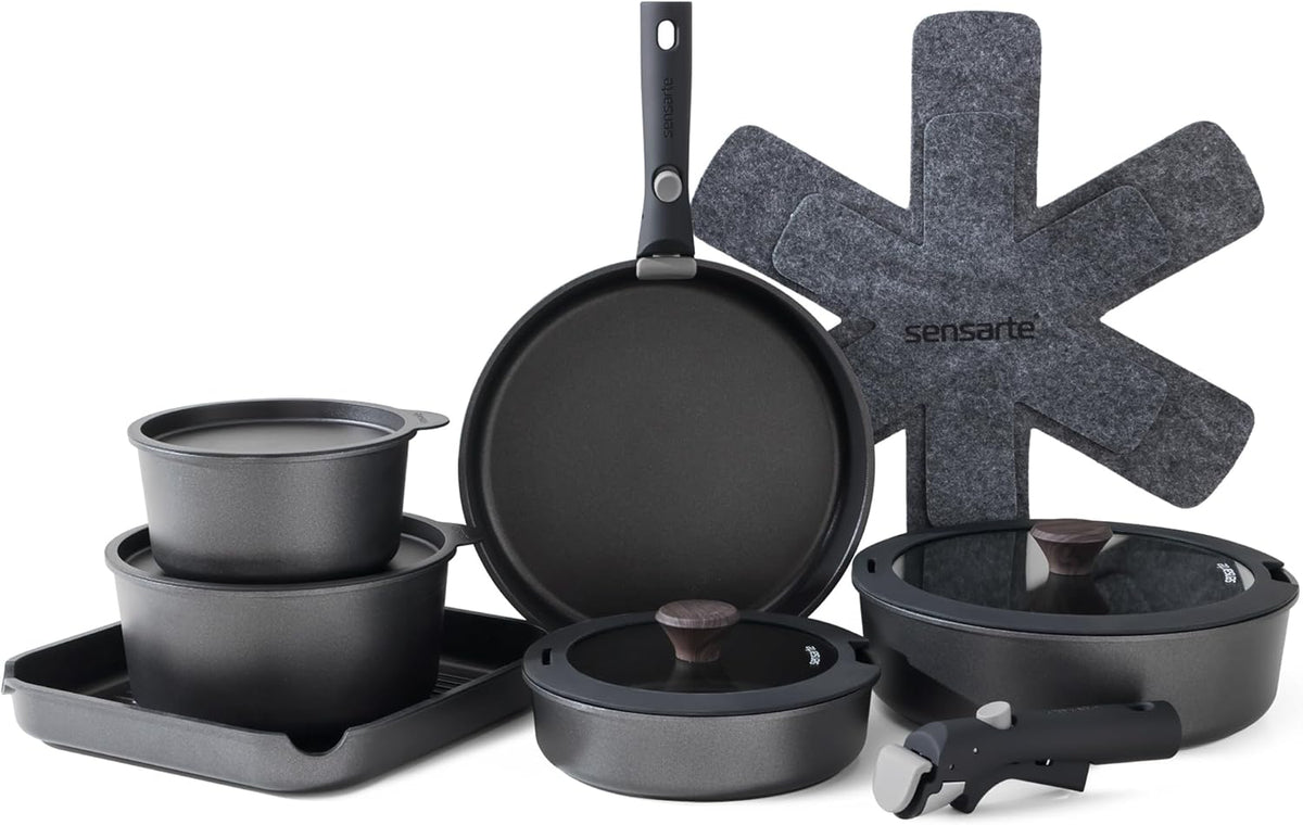 SENSARTE 17 Piece Pots and Pans Set, Nonstick Detachable Handle Cookware Set, Induction Kitchen Cookware Set with Removable Handle, Healthy Non Stick for RV, Dishwasher ＆ Oven Safe, PFOA Free (Black)