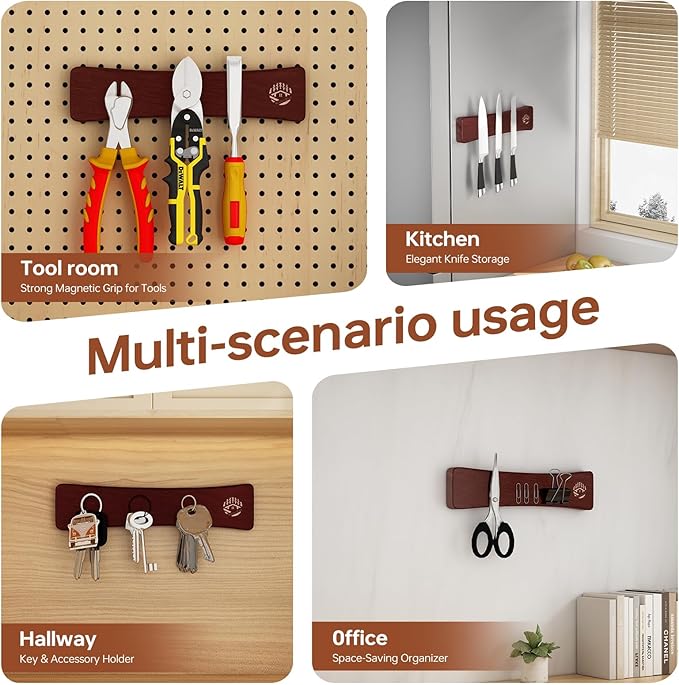 Magnetic Knife Holder for Wall 10 Inch, Premium Oak Wood Magnetic Knife Strip with N52 Strong Magnets, No Drilling Wooden Knife Rack Bar for Kitchen Knives & Tools（Black Walnut Color）