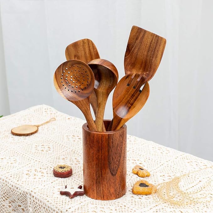 Wooden Utensils for Cooking, 7pcs Natural Acacia Wood kitchen utensils set with Holder For Cooking Utensil set Wooden Spoons Spurtle Spatula For Cooing Non-Stick Pan