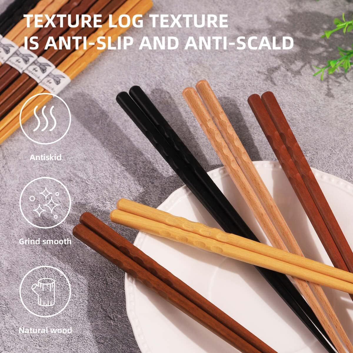 10-Pairs Set of Wooden Chopstick - Reusable Chopsticks and Minimalism Japanese Chopsticks Non-slip Design 8.8 Inch / 22.5 cm Gift Set