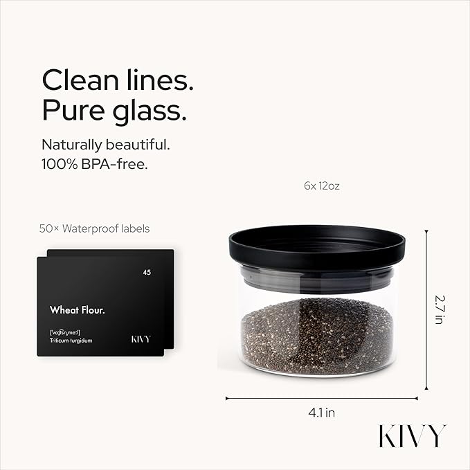 KIVY Glass spice jars transparent Glass Lid [6x 12oz] Stackable & Airtight small glass jars - Spice containers - Seasoning jars tea - Spice storage containers - Spice jars with black lids & labels