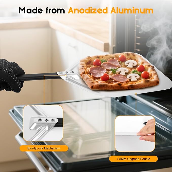 Pizza Peel, Pizza Paddle 12 Inch, Pizza Spatula with Oven Gloves, Space-Saving & Easy-to-Clean, Pizza Oven Accessories