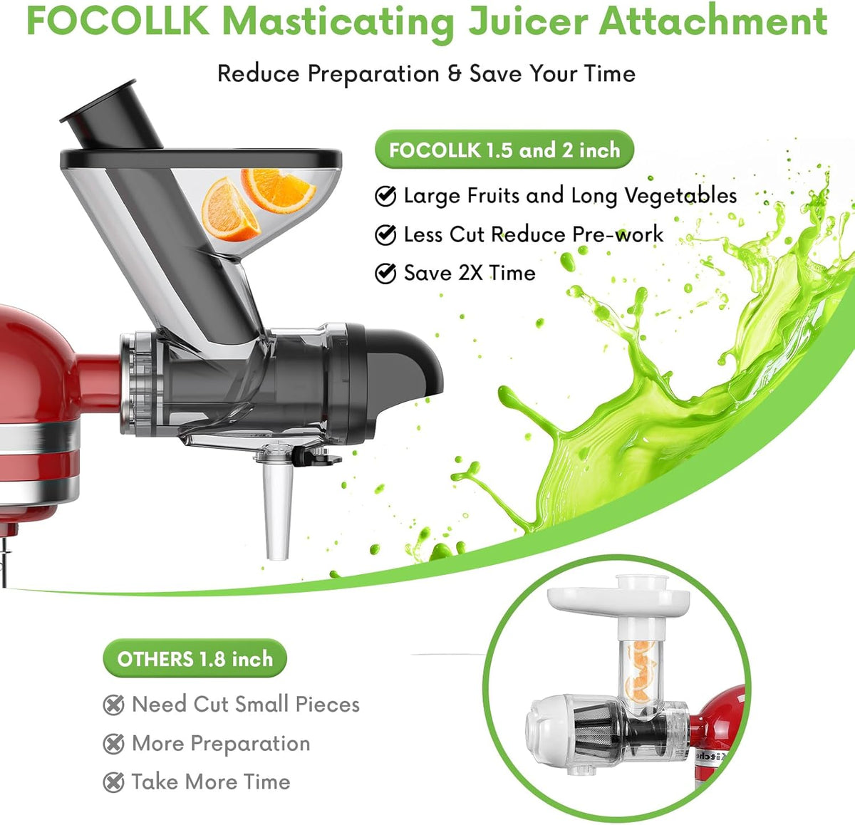 Masticating Juicer Attachment for KitchenAid Stand Mixer - Cold Press Dual Feed Chute Accessory, Slow Juicing Parts for Fruits & Vegetables