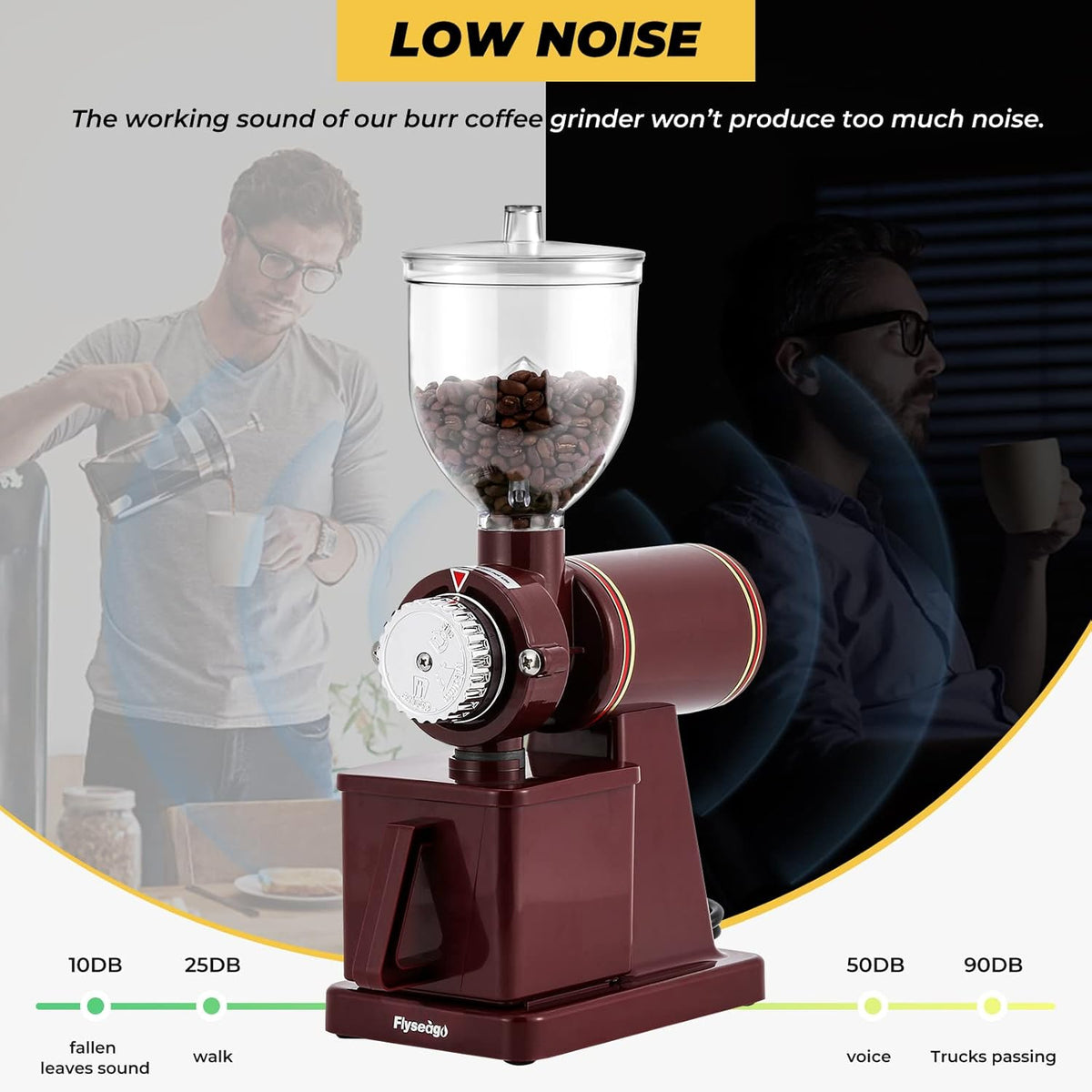 Burr Coffee Grinder - Electric Espresso Grinder for Home & Commercial Use, Silent, Adjustable Grind, With Hopper, Brush, Spoon, Red