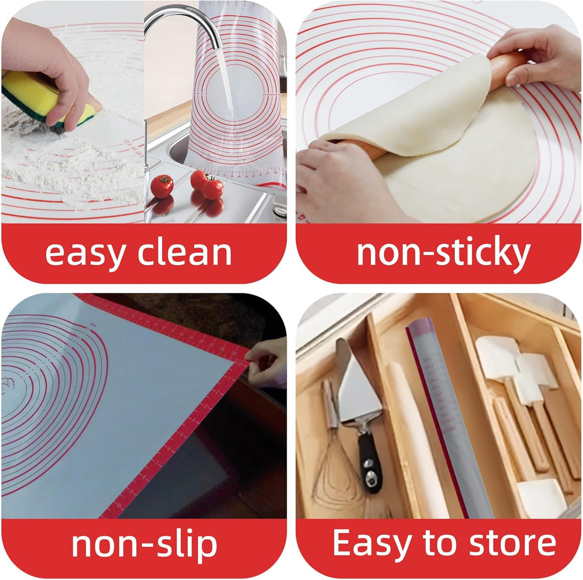 32x24" Silicone Pastry Mat for Rolling Dough Non Slip Non Stick Silicone Mats for Kitchen Counter Red