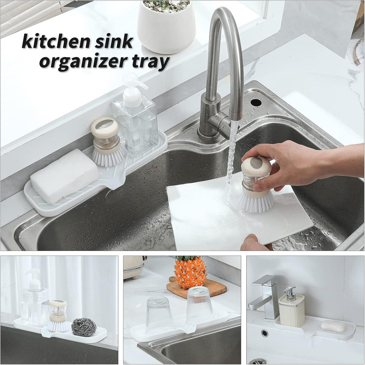 Silicone Bathroom Soap Dishes with Drain Spout-Bathroom and Kitchen Sink Organizer,Sponge Holder,Dish Soap Tray,Perfect for Dispenser,Scrubber,Bottle,Cup on Sink or Counter-White 12"×4"