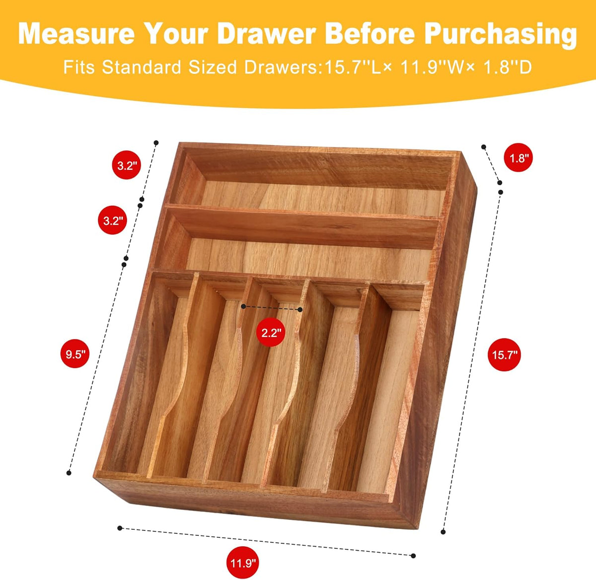Kitchen Acacia Silverware Organizer - Extra Deep Grooved Drawer Divider, 7 Slot Utensil Organizer
