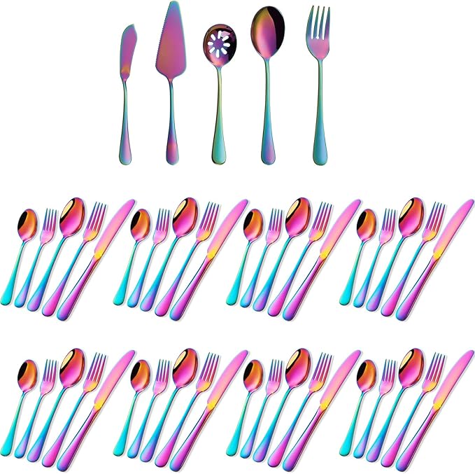 Rainbow Silverware Set Flatware Cutlery - 45 Pieces Stainless Steel Colorful Utensils, Tableware Set Service for 8, Serve Set