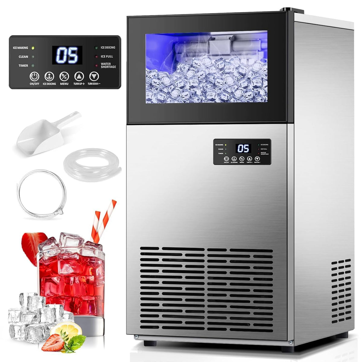 Commercial Ice Maker 130 LBS/24H, Upgraded 15" Wide Under Counter Ice Maker with 35LBS Ice Capacity, Commercial Ice Machine Self Clean Stainless Steel Built-in or Freestanding Large Ice Machine