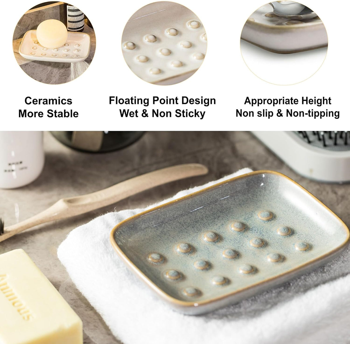 Soap Dish for Shower, Ceramic Soap Dish Non-Slip Soap Holder Bar Saver Tray for Bathroom Kitchen Sink, Floating Point Design Save Soap Loss