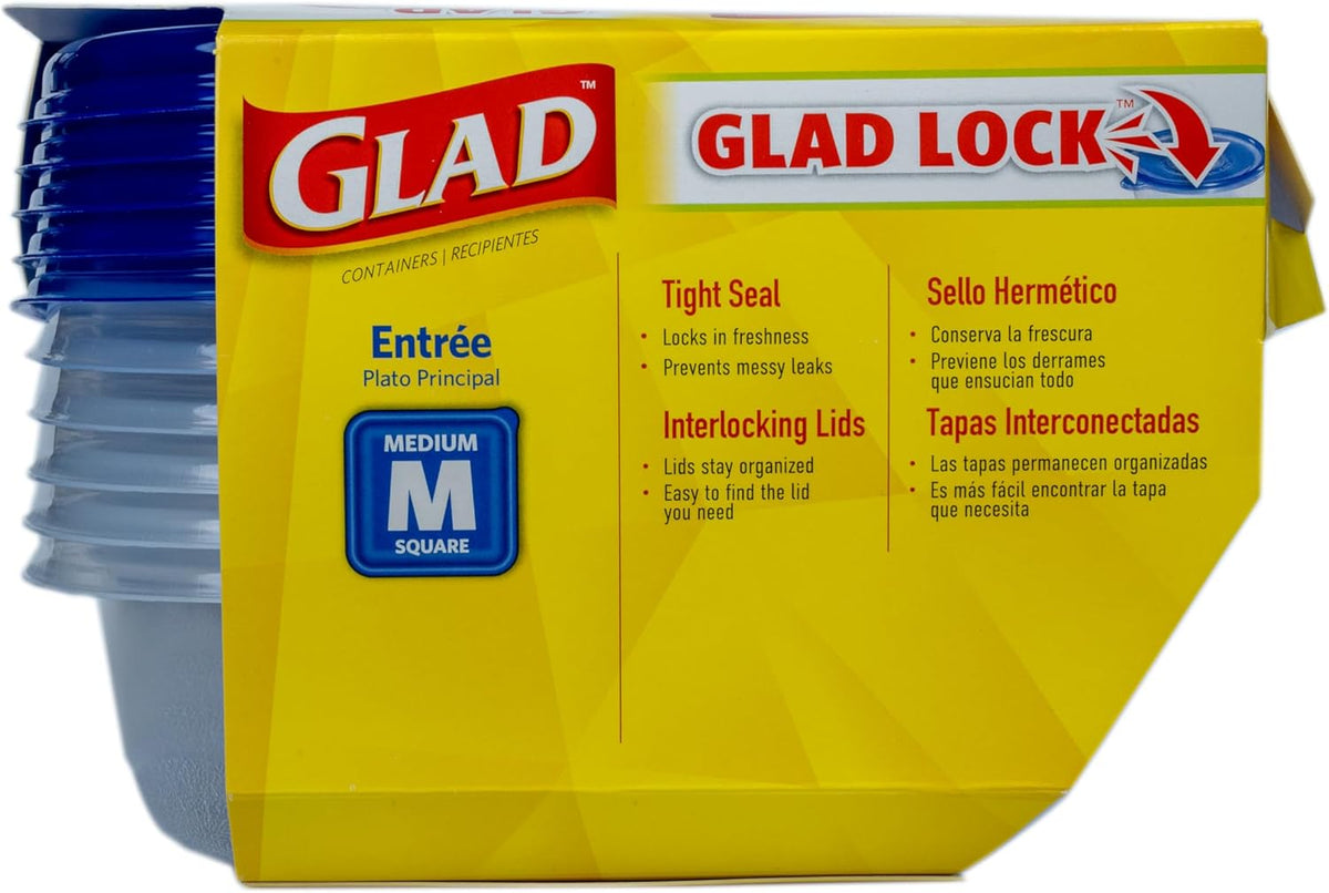 Glad GladWare Entrée Food Storage Containers, Medium Square - Meal Container Holds up to 25 Ounces of Food - Lock Tight Seal, 5 Count