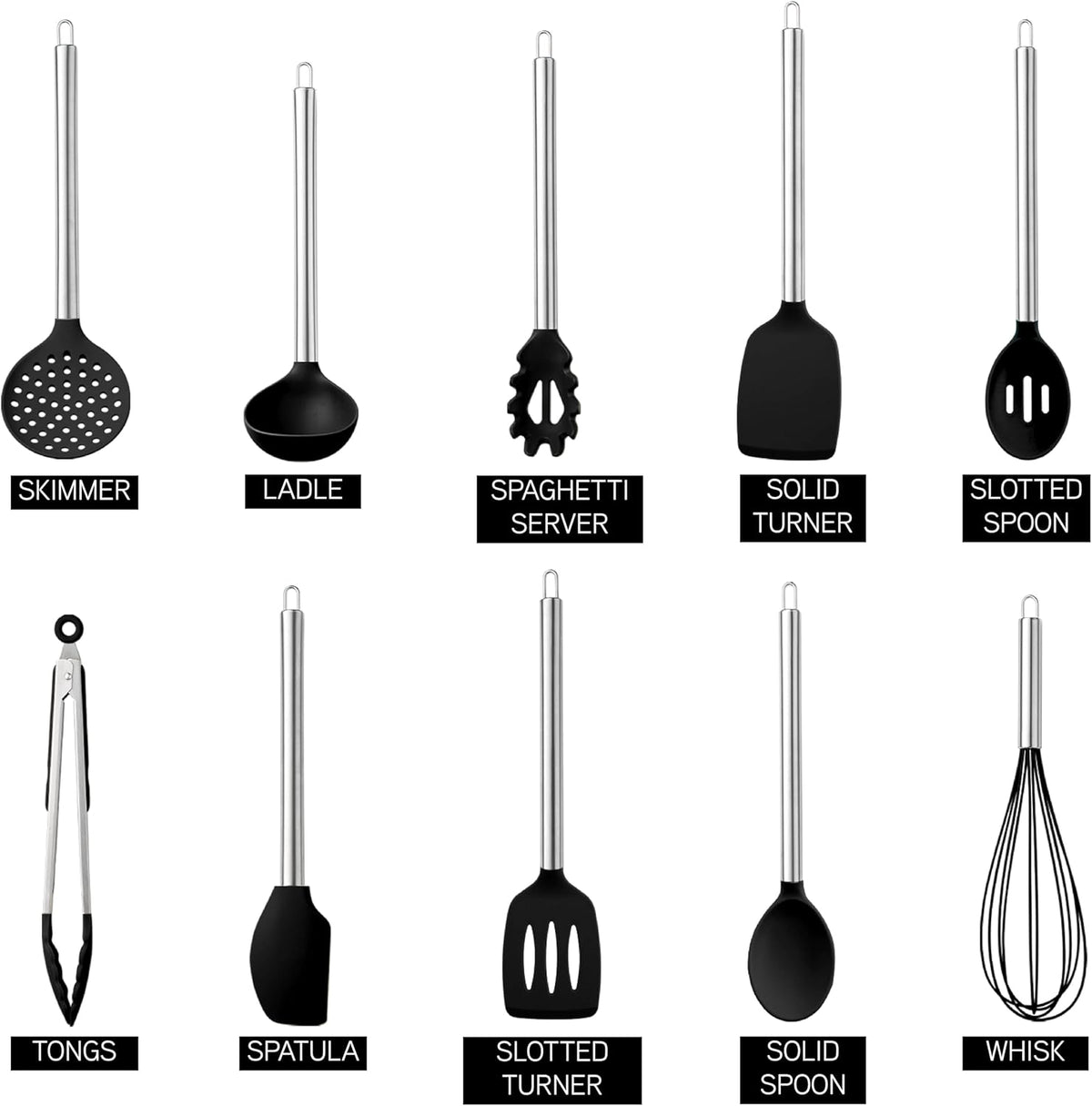 COOK WITH COLOR Silicone Cooking Utensils, Kitchen Utensil Set, Easy to Clean Silicone Kitchen Utensils, Cooking Utensils for Nonstick Cookware, Kitchen Gadgets Set, 10 Pieces, Black