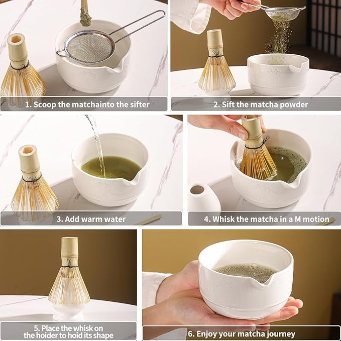 Matcha Tea Set, 5-Piece Ceramic Matcha Bowl & Whisk Kit with Cute Cat Pattern, Traditional Japanese Chawan, Scoop & Sifter, Perfect for Tea Ceremony, Gift for & Tea Lovers (white)