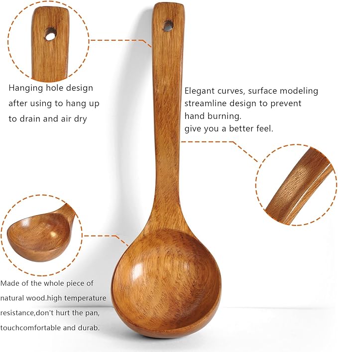 FJNATINH Wooden Soup Ladle with Long Handle Handmade Wooden Spoons for Cooking Kitchen Cookware Utensil