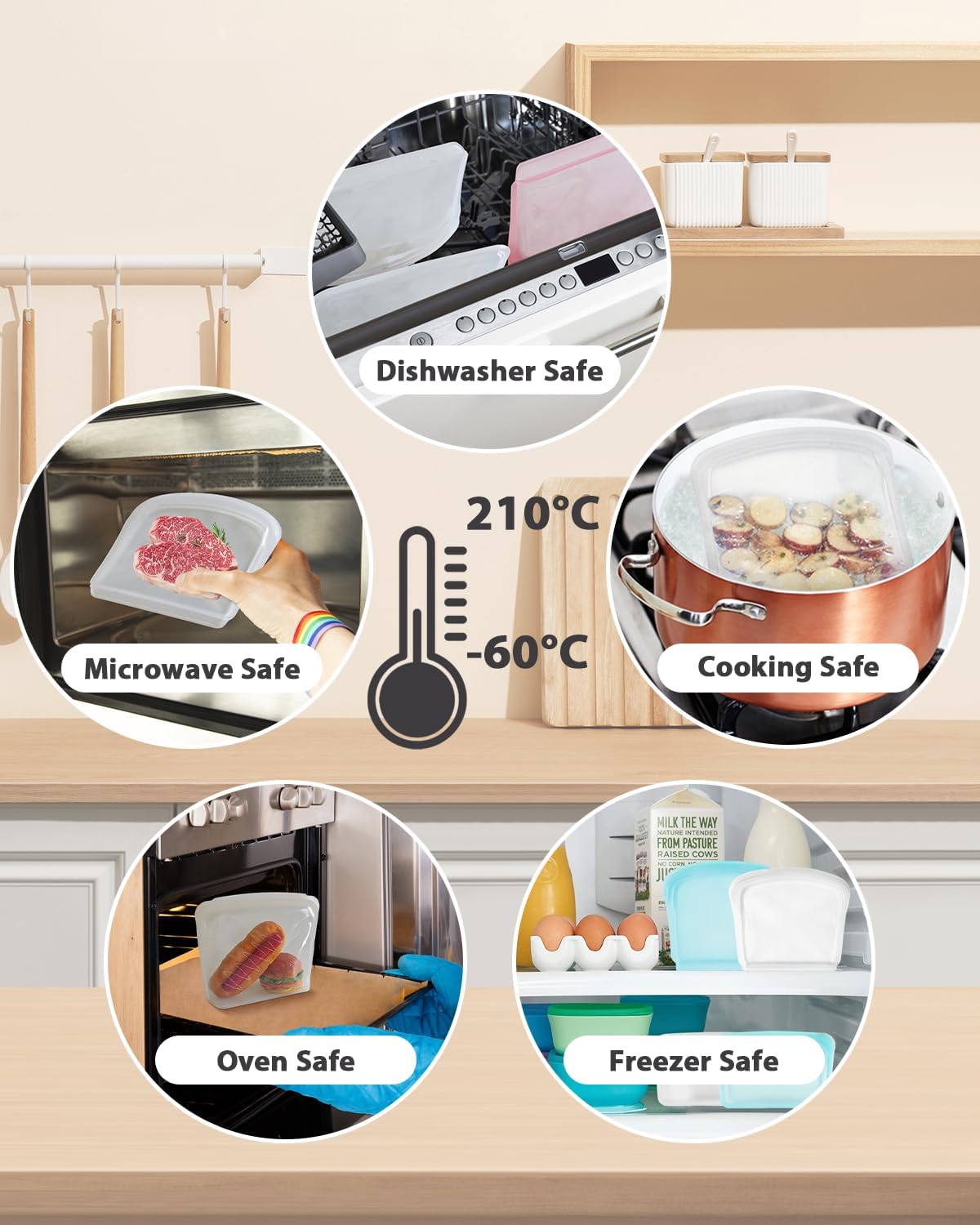 Reusable Silicone Storage Bag, 6Pack Pocket, Snack, and Sandwich Bag, Endurables Seal-Top Silicone Bags for Food Storage, Freezer, Microwave, Oven, Dishwasher Safe (Clear & Rose Quartz)