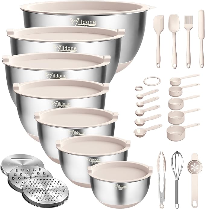 Wildone Mixing Bowls with Airtight Lids, 27 PCS Stainless Steel Nesting Bowls, with 3 Grater Attachments, Scale Mark & Non-Slip Bottom, Size 5, 4, 3, 2, 1.5, 1, 0.63QT, Ideal for Mixing & Prepping