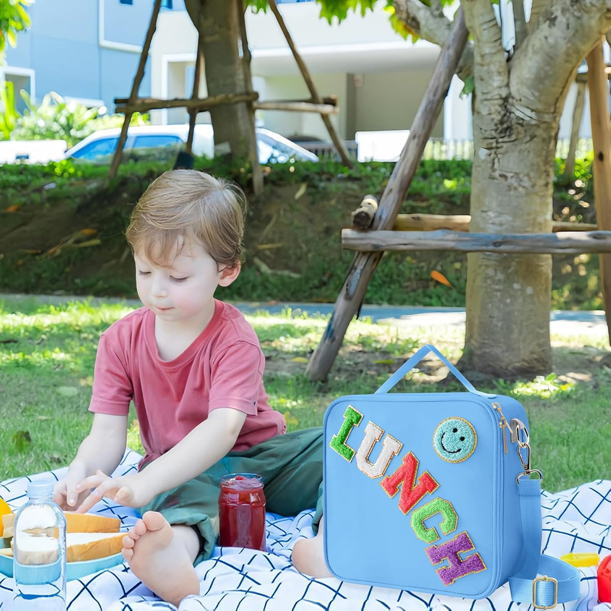 Insulated Lunch Bag With Adjustable Shoulder Strap, Nylon Preppy Lunch Box Large Insulated Lunch Bag Reusable Lunch Tote Bag with Smiley Preppy LunchBag for Girls School Travel Picnic (Dark blue)