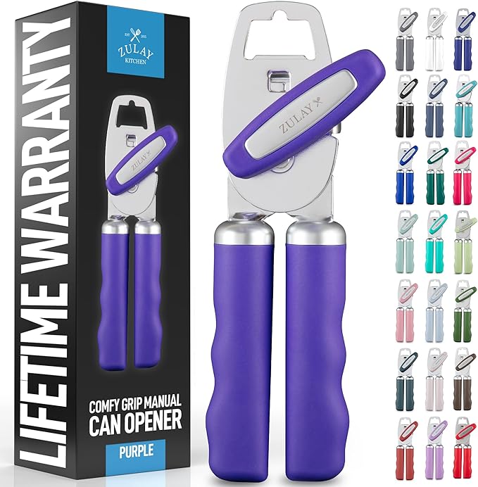 Zulay Kitchen Heavy Duty Stainless Steel Can Opener Manual with Bottle Opener - Rust Proof Manual Can Opener With Turn Knob & Comfy Soft Grip Handles - Purple