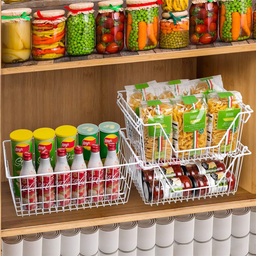 SANNO Large Freezer Baskets Metal Storage Organizer Bin Basket Wire Storage Basket for Kitchen Pantry Bathroom Set of 3 Large Metal Farmhouse Food Fruit Produce Organizer Bins