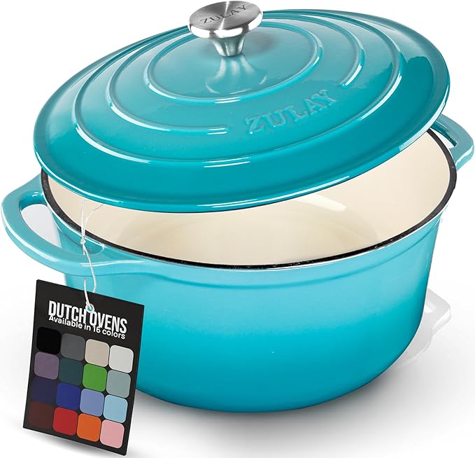 Zulay Kitchen 6 Quart Enameled Cast Iron Dutch Oven Pot with Lid – Premium Durability & Oven Safe up to 500°F – Heavy Duty Cookware Perfect for Bread Baking, Stews, Braising & Roasting - Light Blue