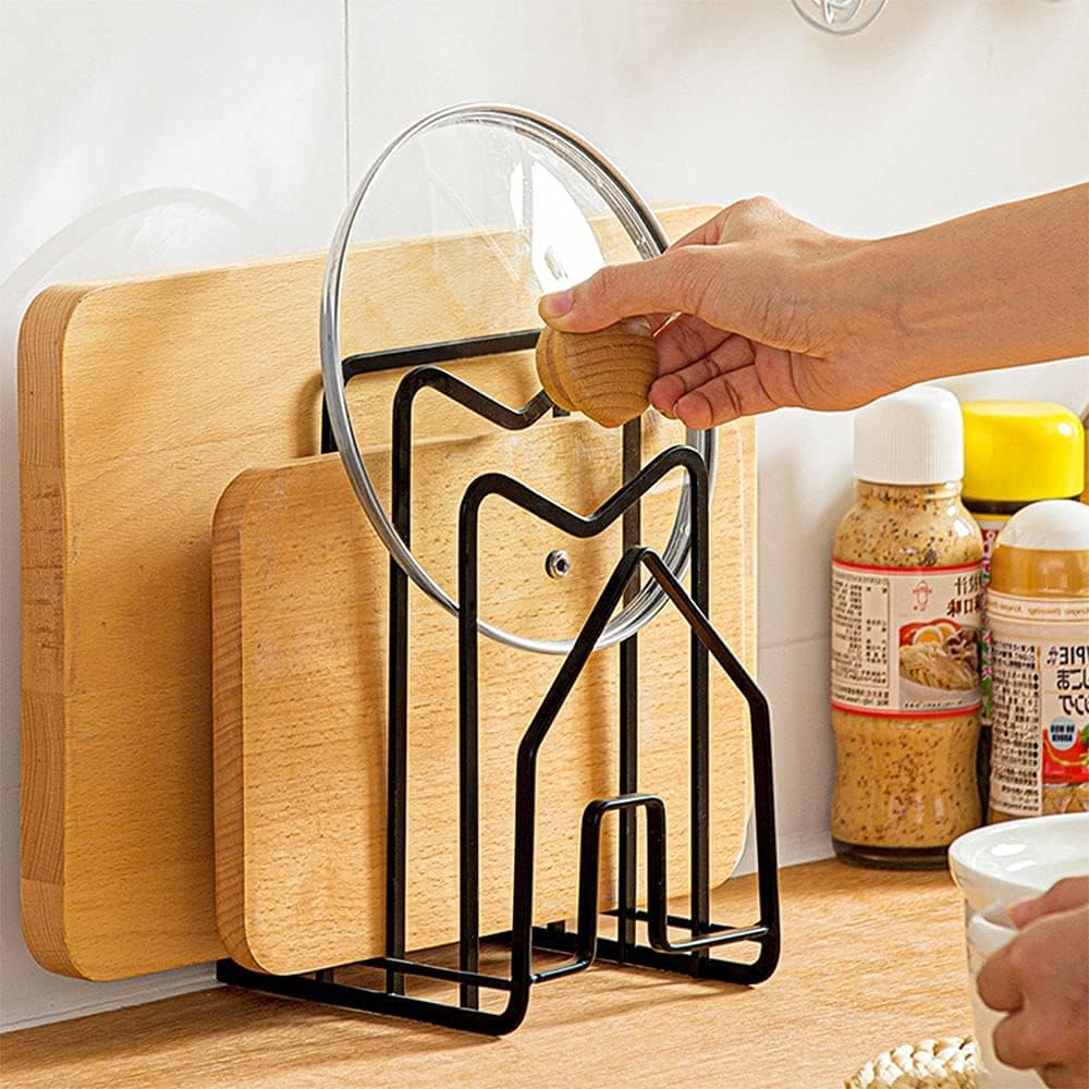 SUNFCON Cutting Board Holder Rack Pot Pan Lids Holder 2 Adhesive 304 Stainless Steel Hanging Hooks Chopping Board Organizer Thin Bakeware Tray Dry Display Stand Kitchen Countertop Cabinet Dark Black