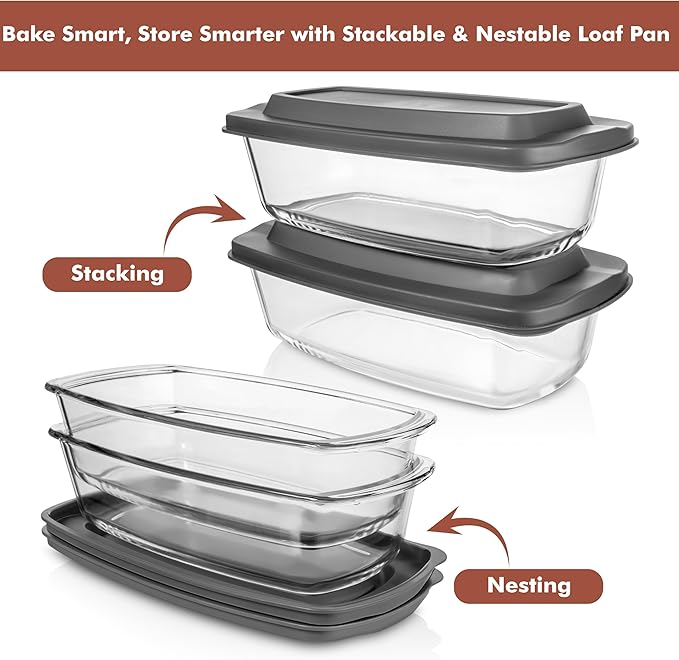 Razab LARGE 7.6 Cups/1800 ML/1.9 Qt Glass Loaf Pan with Lids (Set of 2) - Meatloaf Pan BPA free Airtight Lids Grip Handle Easy Carry, Microwave and Oven Safe - Loaf Pans For Baking Bread, Cakes