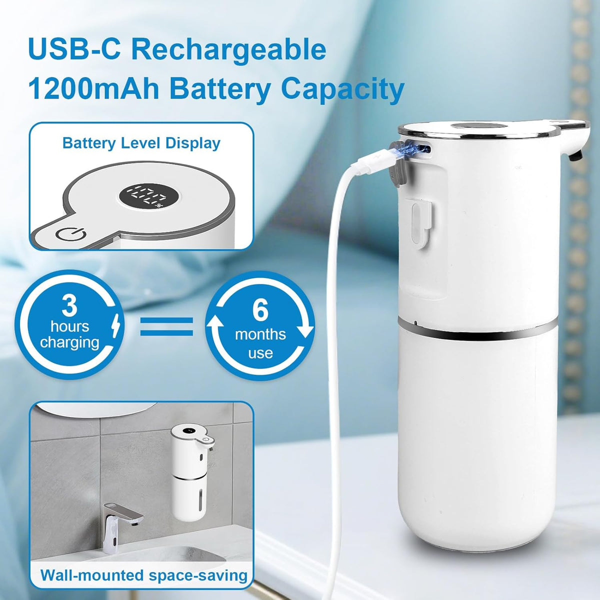 2 Pack Automatic Liquid Soap Dispenser Touchless, USB Rechargeable Smart Hand Soap Dispenser, 6-Level Adjustable, 12.8oz/380mL Wall Mount for Bathroom Kitchen Dish Soap