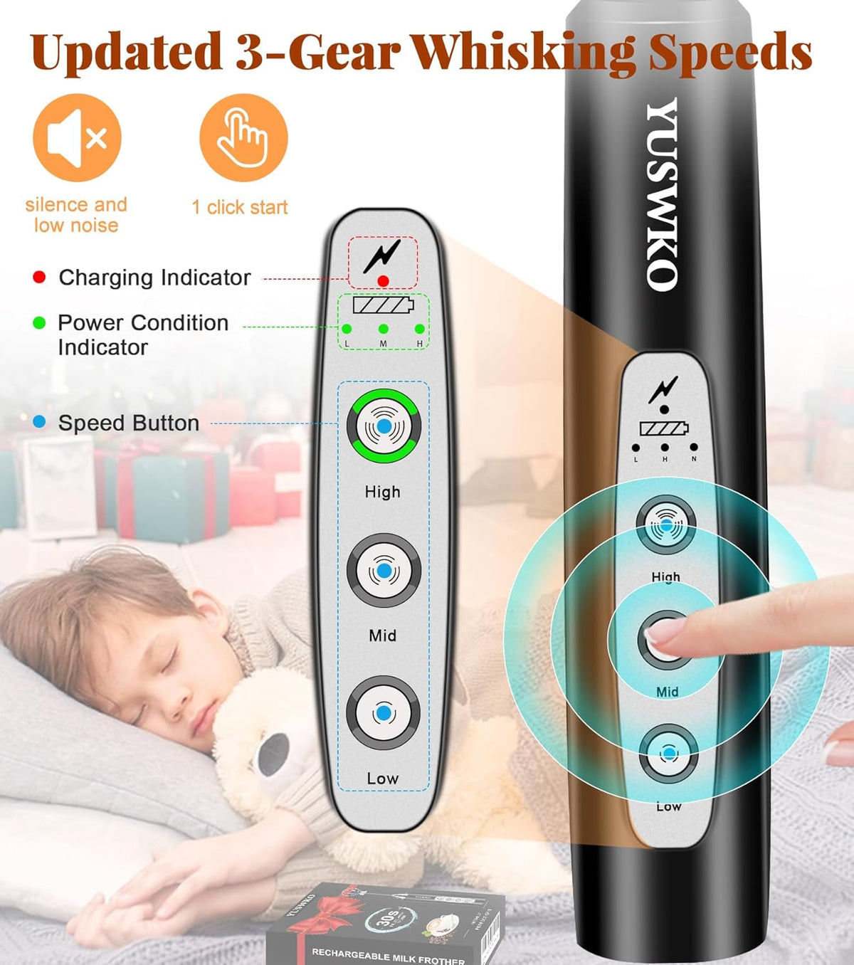 YUSWKO Milk Frother Handheld for Coffee, Rechargeable Drink Mixer with 3 Heads 3 Speeds Electric Coffee Frother Whisk, Gift for Many Occasions and Festival