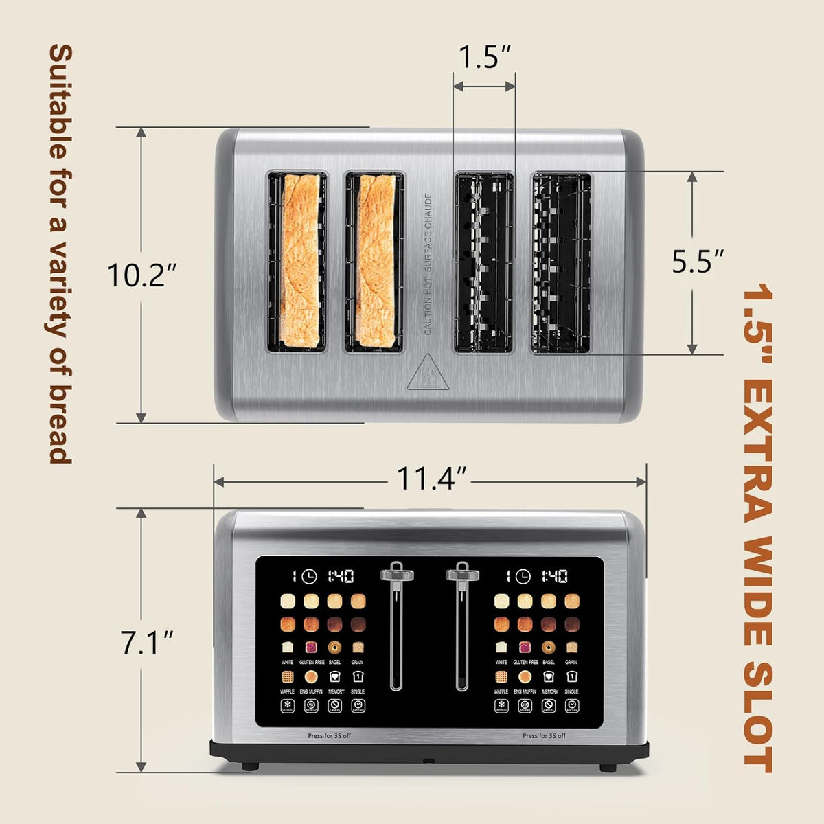 4 Slice Toaster Touch Screen, Stainless Steel Toasters Digital Timer, Dual Control Panel Toasters, 8 Shade Settings 6 Bread Types for Bagel, Cancel, Defrost 1650W